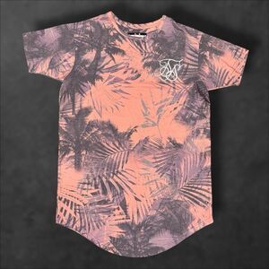 SikSilk XS Curved Hem T-Shirt Palm Leaf Graphic Tee Coral Black